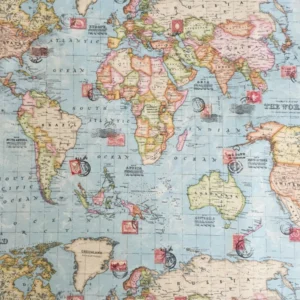 World Atlas Map Print Cotton Rich Linen Fabric Upholstery