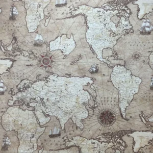 Vintage Map Atlas Print Cotton Rich Linen Fabric Upholstery