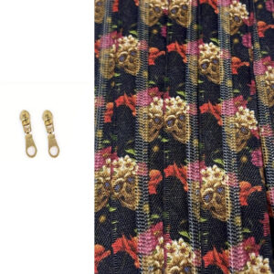 Printed Skull Motif With Flower Crown Nylon 5mm Zip By the Meter