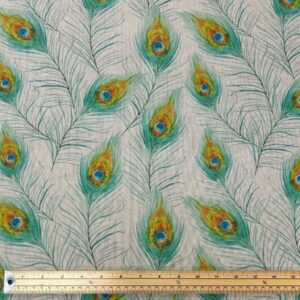 Digital Peacock Feathers Print Cotton Rich Linen Fabric Upholstery