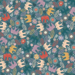Teal Birds Peace Fabric Floral Quilting Fabric Blooms Leaf Digital Print 100% Cotton Fabric