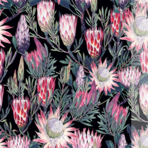 Protea Flowers Tropical Printed Plush Velvet Curtain Upholstery Fabric- Black